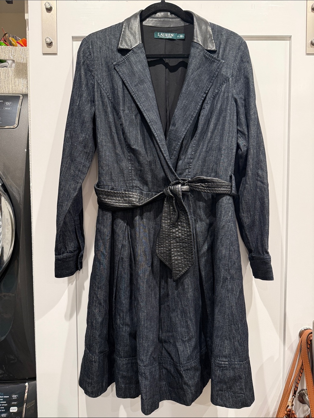 Lauren Ralph Lauren Dark Blue Denim Trench with Leather-Trim Belt